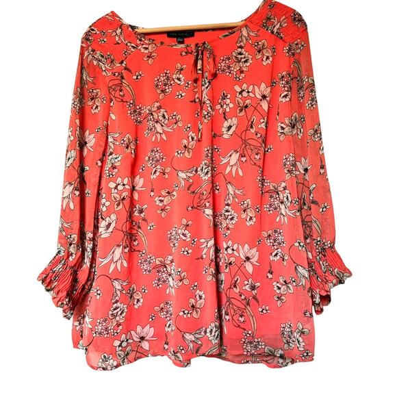 SARA MICHELLE NWT Womens 2X Coral Pink Floral Tie Neck Crepe Tunic Blouse Ruffle - Picture 2 of 7